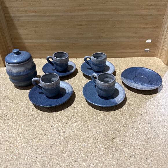Unmarked Other - VTG Studio Pottery Blue Gray Espresso Cups & Saucers Sugar Bowl Set